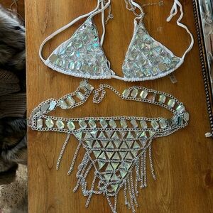 Rave Body Chain Jewelry Iridescent White Bikini Set - full outfit
